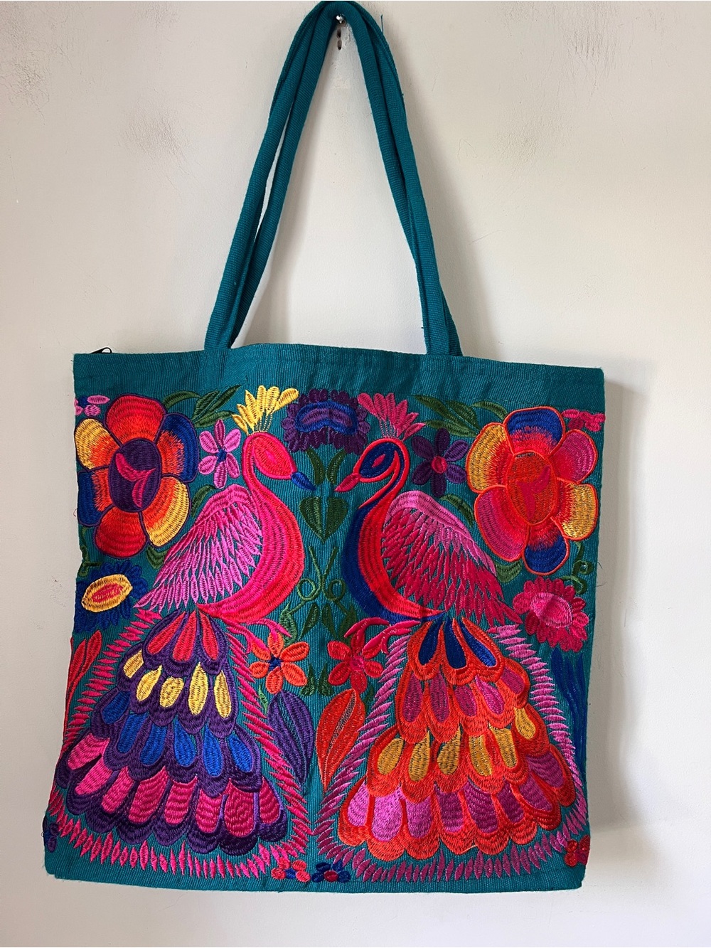 Embroidered Teal Tote with Pink & Red Bird Motifs by